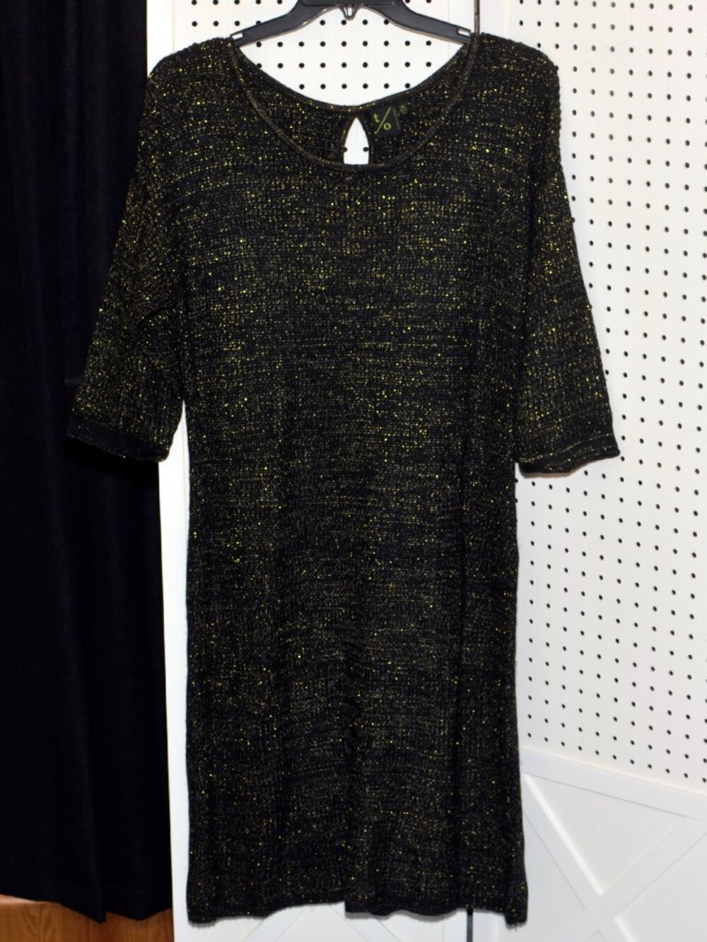 XL t/o Sweaters Black & Gold Metallic Shimmer Knit Tunic Dress 3/4 Sleeves